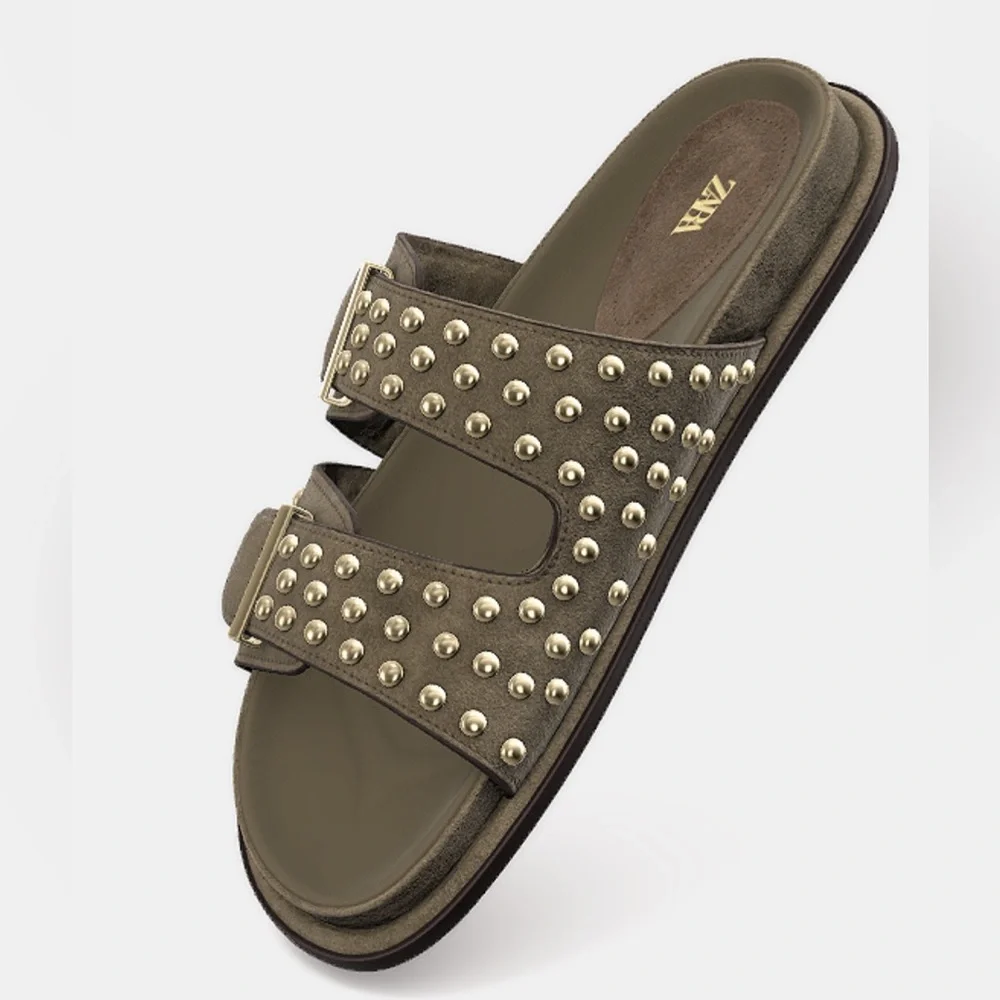 Zara  studded leather buckle sandals, Khaki green - Picture 6 of 16